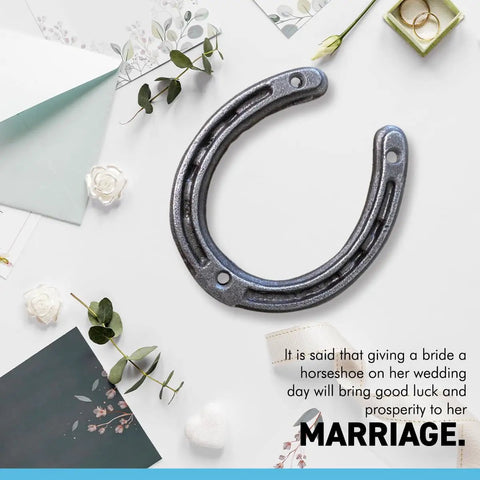 Authentic Handmade Cast Iron Horseshoe Wall Decor Heavy Duty Good Luck Charm Wedding Present Includes Hardware on a flat surface.