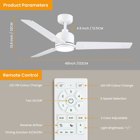 30 Inch Ceiling Fan With Lights And Remote, 5 Reversible Blades, 6 Speeds, Dimmable LED, Quiet DC Motor, Remote Control Details