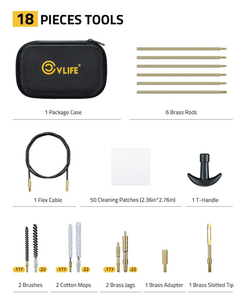 Go-To Multi Cal Rifle And Pistol Cleaning Kit For.177,.22, 5.56mm,.223, And 17HMR With 6 Brass Rods, Flex Cable, Bore Brushes displayed