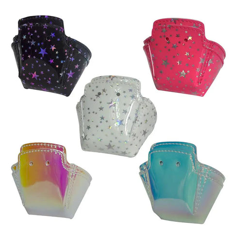 Five TPU Roller Skate Toe Guards for Derby and Speed Skating, showcasing black, pink, white, and multicolor star designs.