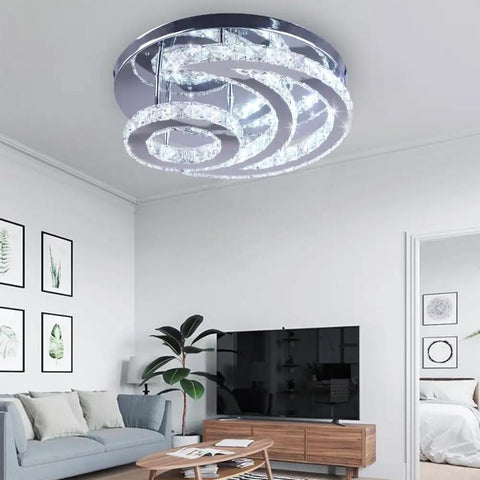 Moon Shape Crystal LED Chandelier Flush Mount Ceiling Light With Modern Stainless Steel Frame And K9 Crystals, cool white lit sparkle
