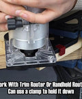 Router Corner Radius Template Kit With Aluminum Alloy Jig in use with handheld router, quick release stop block visible