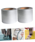 Butyl Aluminum Foil Sealing Tape For Emergency Repairs And Leak Stops No Mess Weatherproof Patch For Window Cracks Metal Tile Pipes And More Easy DIY Sealant For Outdoor Use, showing two silver tape rolls and installation examples.