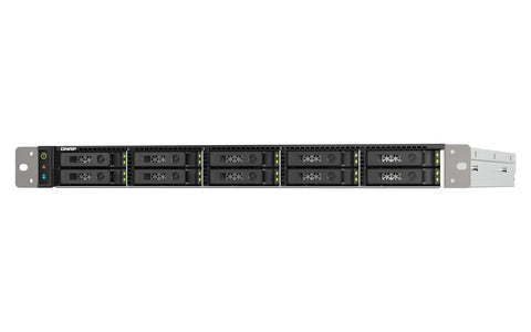 Top Shelf 10 Bay 1U Rackmount NAS With Dual AMD Epyc CPUs front view showing ten NVMe drive bays and LED indicators.
