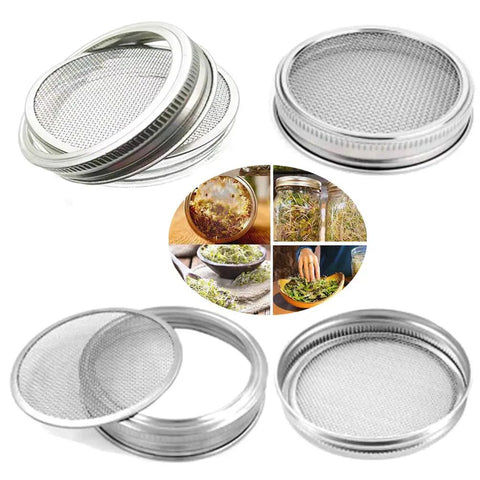 Straight Up Premium Stainless Steel Sprouting Lids And Stands For Wide Mouth Mason Jars To Grow Heckin Fresh Microgreens And Sprouts At Home With Rust Proof Mesh Discs And Solid Foldable Trays That Are Gonna Be Your New Kitchen Fav - four stainless steel mesh lids stacked with fine wire.