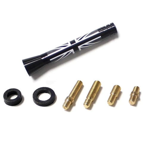 Union Jack Theme 3 Inch Short Antenna Topper For MINI Cooper All Models And More Cars, gloss black finish with adapters