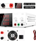 Pro Grade Variable DC Power Supply 60V 10A Beefy, Low Ripple High Precision Lab Regulator With Digital LED Readouts For Voltage And Current, Easy Coarse And Fine Adjustment Knobs, Constant Voltage Current Mode For Precise Electronics Work. White bench power supply with LED display, knobs, and cooling fan