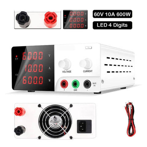 Pro Grade Variable DC Power Supply 60V 10A Beefy, Low Ripple High Precision Lab Regulator With Digital LED Readouts For Voltage And Current, Easy Coarse And Fine Adjustment Knobs, Constant Voltage Current Mode For Precise Electronics Work. White bench power supply with LED display, knobs, and cooling fan