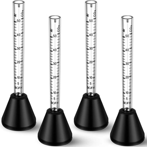 4 Pack Pro Grade Gas Flow Meter Tester Set For Argon And CO2 Flow Control with black bases, tall clear measurement tubes.