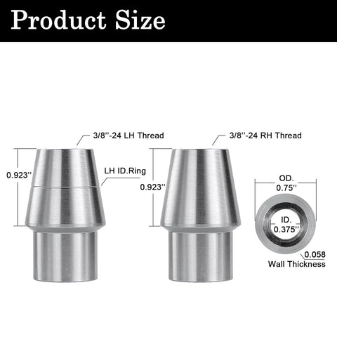 3/8 Inch Heim Joint Rod End Kit with Jam Nut and Bung, left and right hand thread, detailed size and thread specifications shown