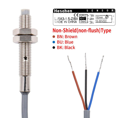 Inductive Proximity Sensor Switch Non Shield Type LJ5A3 1.5 mm Detect Distance, 10-30 VDC 150 mA, NPN Normally Open, 3 Wire, 5 mm Mount Hole, 78 in Cable, Grey for Easy Automation and DIY Projects. Grey metal inductive proximity sensor with 3-wire cable and threaded body