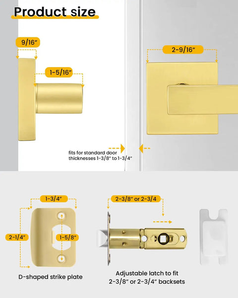 Brushed Gold Passage Door Handles 2 Pack For Interior Doors Keyless Non Locking Lever Set For Hallways And Closets, size chart