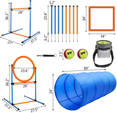 Go-To Dog Agility Training Equipment Kit, 60-Piece Obstacle Course Starter Set For Outdoor Play With Tunnel, Hurdles, and Accessories