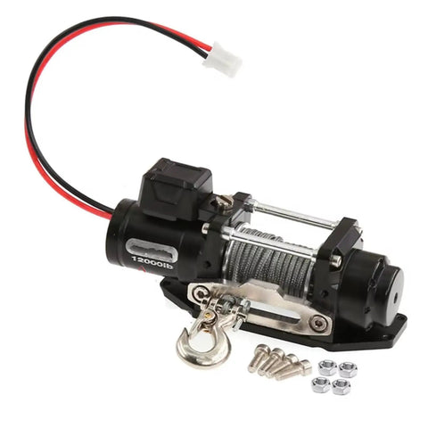 Heavy Duty Metal Electric Winch Upgrade Kit For Traxxas TRX4 And SCX10 RC Crawler Cars showing winch and accessories.