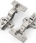 Twenty Pack Inset Cabinet Hinges Featuring Smooth Soft Close Action And Frameless Design For Quick No Sweat Installation Heavy Duty Metal Construction With Included Mounting Screws And Wood Dowels close-up view of sleek satin nickel metal hinges