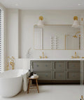Luxury bathroom with Pearl Shell Cabinet Knobs With Abalone Inlay, Slick Brushed Gold Zinc Alloy Drawer Pulls on a double vanity.