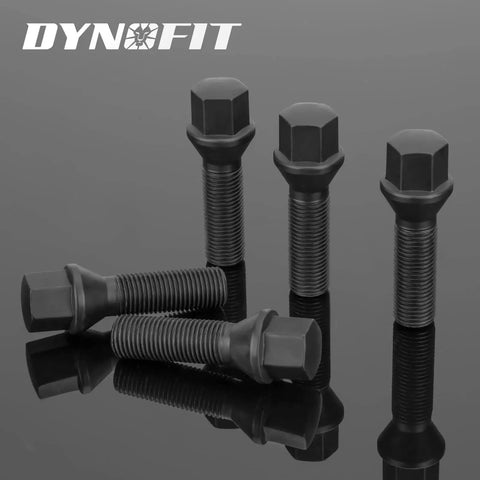 Upgrade Your Rig With These Slick Extended Lug Bolts Featuring M12x1.5 Thread And Sixty Degree Conical Seat Designed For Aftermarket Wheels With Spacers To Securely Mount Your Bmw M3 M5 M6 X1 Z3 1 Series Three Series, set of four black forged lug bolts with hex heads.