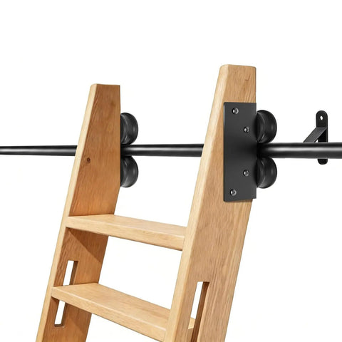 Heavy Duty Rolling Library Ladder Hardware Kit Crafted From Solid Carbon Steel Tracks With Smooth Braking Casters For No Sweat Home Storage Setup That Rolls Like Butter attached to wooden ladder frame