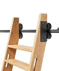 Top Shelf Carbon Steel Sliding Library Ladder Track Kit 20FT Long For Wall Bookshelves With Slick Roller Glides close-up of wood ladder and track.