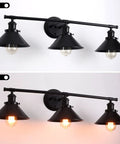 Farmhouse Vanity Lights Two Light Over Mirror Bathroom Fixture Matte Black Wall Sconces With Metal Shades, lights off and on
