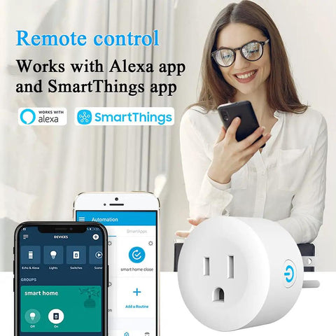 Woman using phone with Zigbee Smart Outlet Plug Twin Pack Plays Nice With ST Hub Echo Plus Alexa And Google Assistant Easy Setup