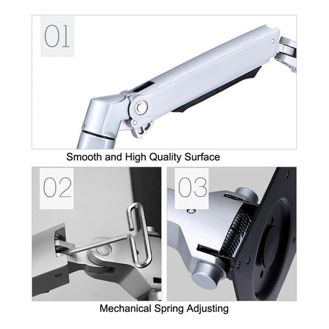 Heavy Duty Aluminum Wall Mount Monitor Arm For 17 To 27 Inch Displays Full Motion Swivel showing smooth surface and mechanical spring adjustments.