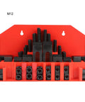 T Slot Clamp Kit 58 Pieces For Milling Machine And Lathe Setup in red wall-mounted frame showing stud clamps