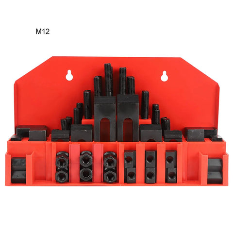 T Slot Clamp Kit 58 Pieces For Milling Machine And Lathe Setup in red wall-mounted frame showing stud clamps