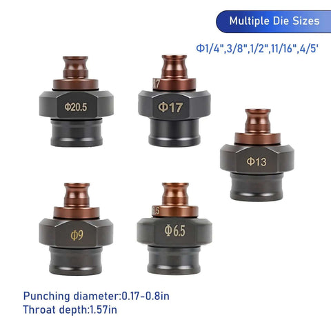 Dies for Beast 1300W Electric Hydraulic Hole Puncher 110V Metal Punching Machine in sizes 1/4, 3/8, 1/2, 11/16, 4/5