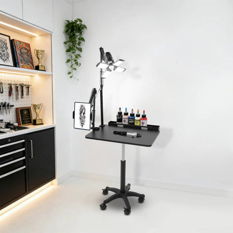Smooth Rolling Adjustable Height Tattoo Workstation With Bright Led Panel And Smart Storage Rack For Your Professional Mobile Art Studio Daily Grind And Heavy Duty Gear, compact design with LED light and storage for supplies.