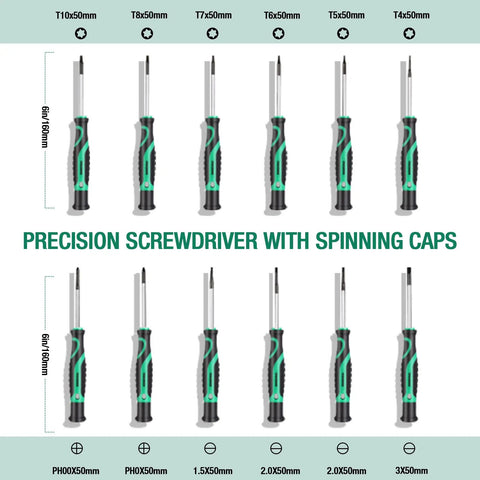 Precision screwdrivers from Magnetic Screwdriver Set With Storage Case And Magnetizer 27 Piece Bi Material Screwdrivers Includes Slotted Phillips Torx And Precision Screwdrivers For Everyday DIY Ready Household Repairs And Home Improvement, shown with spinning caps and size markings.