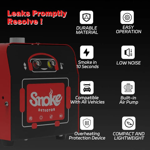 Solary SD101 automotive smoke leak tester, red plastic housing with built-in air pump, front view.