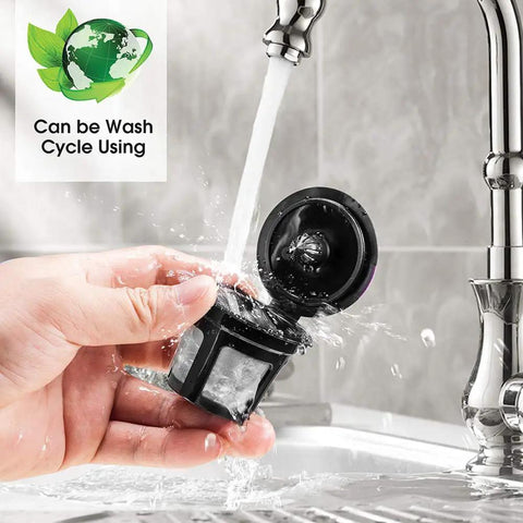 Universal Fit Reusable Coffee Filters With Food Grade Stainless Steel Mesh For K Cup Brewers 1.0 And 2.0 being washed in sink