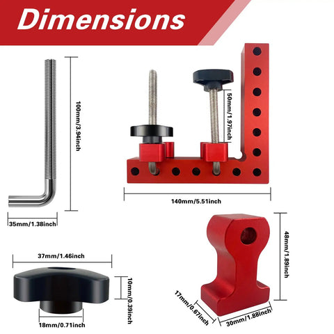 Dimensions of Right Angle Clamps Set 90 Degree Positioning Squares, 5.5 Inch Aluminum Alloy Woodworking Corner Tool, red pieces