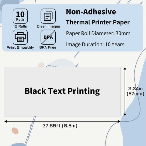57mm Thermal Paper Rolls, White, Non Adhesive, 10 Roll Pack For Mini Printers And Instant Cams, 8.5m Each Roll, 30mm Diameter Core 0.6in, BPA/BPS Free, Fade Resistant, Images Last Up To 10 Years, 57mm width and 8.5m length shown
