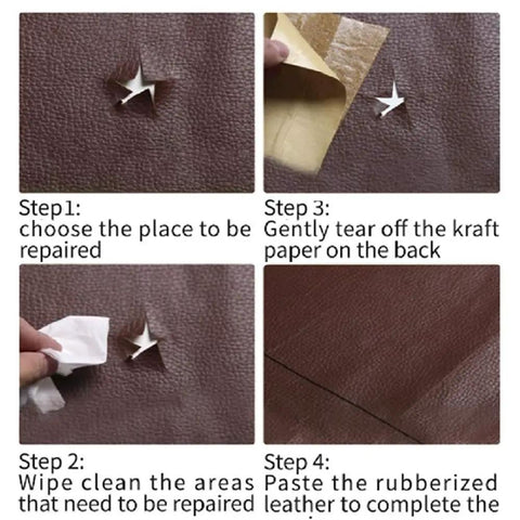 Steps showing Self Adhesive Leather Repair Tape Burgundy Dull Red 3 X 60 Inches For Furniture Car Seats Couch Sofa Office Chair Vinyl Repair Kit