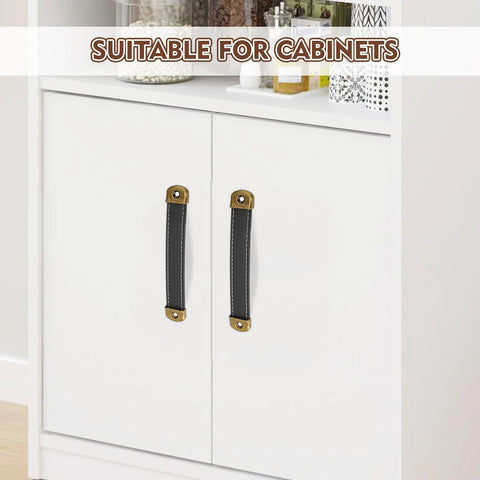 Leather Drawer Pulls Set Of 3 Pieces With Mounting Screws For Cabinets Luggage Handles Installed on White Cabinet