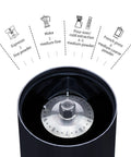 Portable Electric Coffee Burr Grinder With 50g Capacity And Magnetic Cover Aluminum Alloy Body showing grind size settings for espresso to French press.