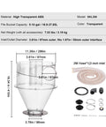 Top Shelf Cyclone Dust Separator With Slick Clear Lid And 4 Inch Adapter For Shop Vacuums Fits 5 To 10 Gallon Tanks Delivering Heavy Duty 99 Point 6 Percent Capture shown with dimensions and accessories.