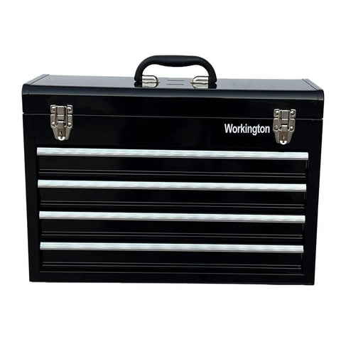 Workhorse Portable Metal Tool Chest With Four Drawers, 20 Inch Steel Tool Storage Box, front view, secure double latch
