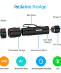 Exploded view of High Lumen Tactical Flashlight With Holster Zoomable Waterproof For Hiking And Camping EDC Ready Outdoor Gear Essential 5 Mode Brightness Rechargeable Battery No AAA Battery Required, showing components and design features.