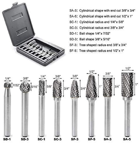 Carbide burr set, 8 pcs with 1/4 in shanks, in plastic carrying case; assorted double-cut shapes for metal and wood carving
