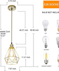 Gold Farmhouse Pendant Light 2 Pack Cage Style Hanging Lights with adjustable height, showing dimensions and bulb compatibility options.