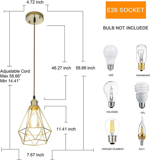 Gold Farmhouse Pendant Light 2 Pack Cage Style Hanging Lights with adjustable height, showing dimensions and bulb compatibility options.