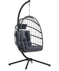Cozy Outdoor Egg Chair With Stand, Wicker Hanging Swing Chair With Cushion, 350 Lb Weight Capacity For Patio Garden Balcony And Bedroom, Tool Free Assembly In Under 30 Minutes, Dark Grey, front view.