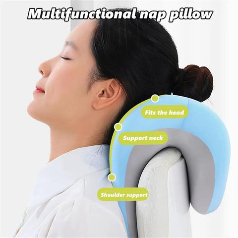 Woman using Memory Foam Neck Support For Office Chair With Washable Cover Multipurpose Desk Pillow For Napping And Posture Correction
