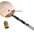 Woodworking Furniture Fastener Kit With 32 Wood Inserts And 32 1/4-20 Bolts Three Point Twist Drill And Two Wrenches For Durable Secure Furniture Assembly Screw In Nuts Hex Socket Drive Connector Bolt Set showing the twist drill and insert
