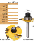 Adjustable Three Wing Slot Cutter Router Bit Set With Bearings One Quarter Inch Shank showing 6 width sizes and dimensions