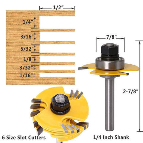 Adjustable Three Wing Slot Cutter Router Bit Set With Bearings One Quarter Inch Shank showing 6 width sizes and dimensions