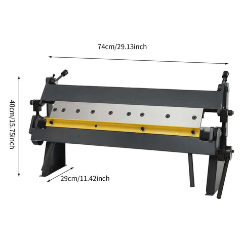 Front view of 24 Inch Sheet Metal Brake Pan And Box Bender for carbon steel, copper, aluminum with ergonomic handles, floor standing.